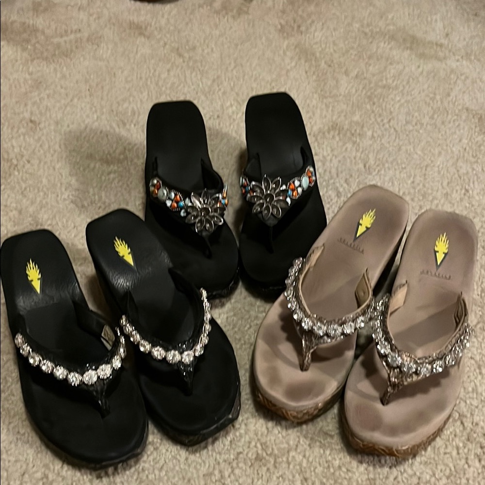 3 pairs of Volatile Black and Tan Sandals with Glamorous Embellishments